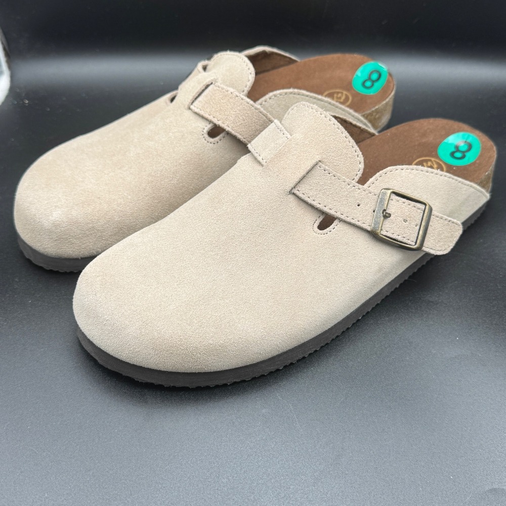 White Mountain Suede Buckle Clogs Stone Beige Footbeds Mules Womens 8 - Picture 3 of 8